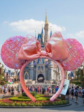 Disney Parks Minnie Mouse Coral Pink Sequin Ears Headband Bow